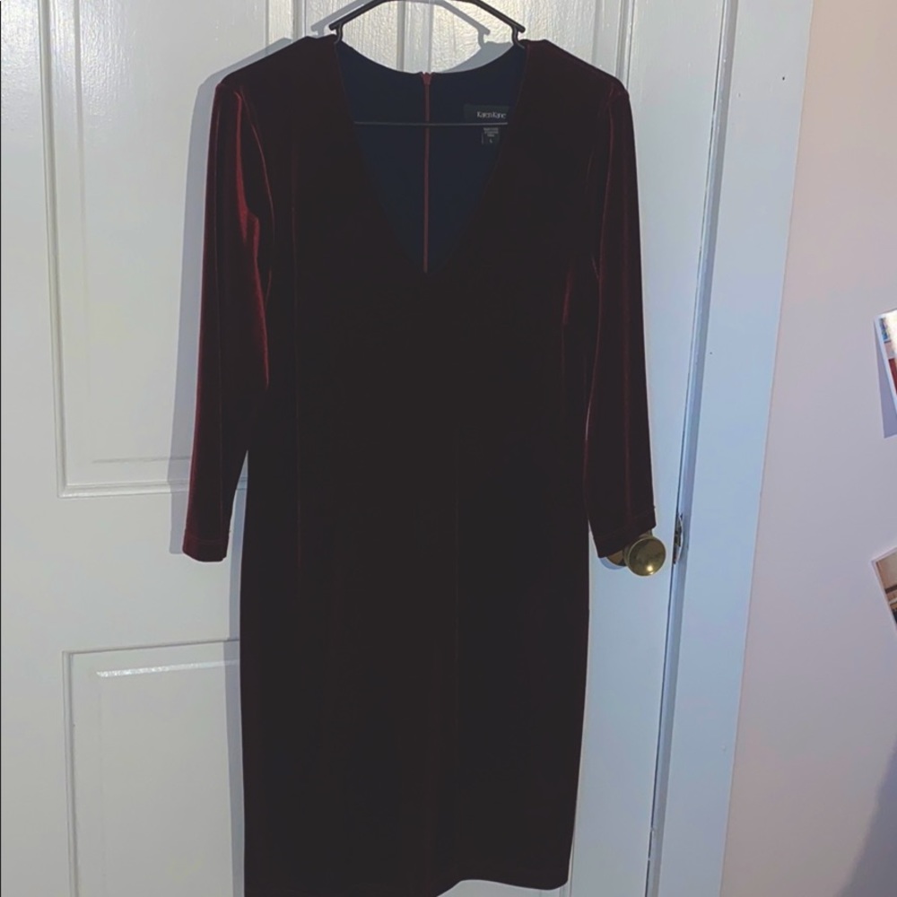 Red velvet dress low neckline Karen Kane